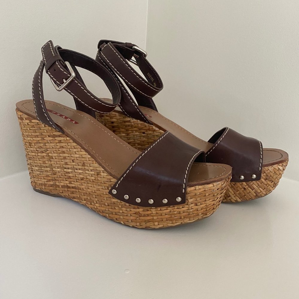 PRADA BRWN LEATHER SANDAL/WEDGE SZ 40.5 - US 9.5